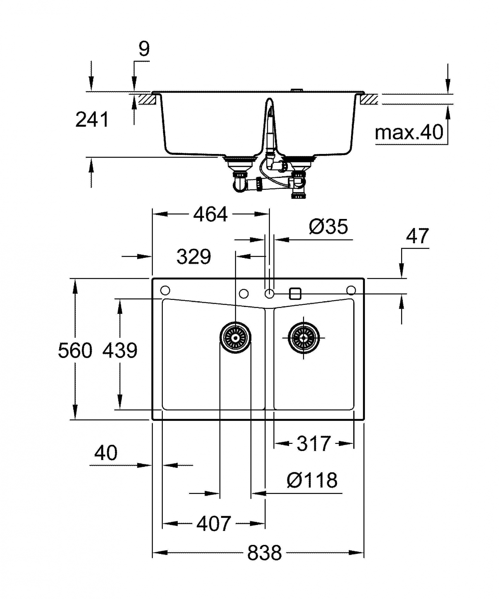 Мойка GROHE K700 с 2 чашами, 838 x 559 мм, серый гранит (31657AT0)
