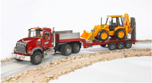 Тягач Bruder 02813 Mack с прицепом-платформой и колёсным экскаватором