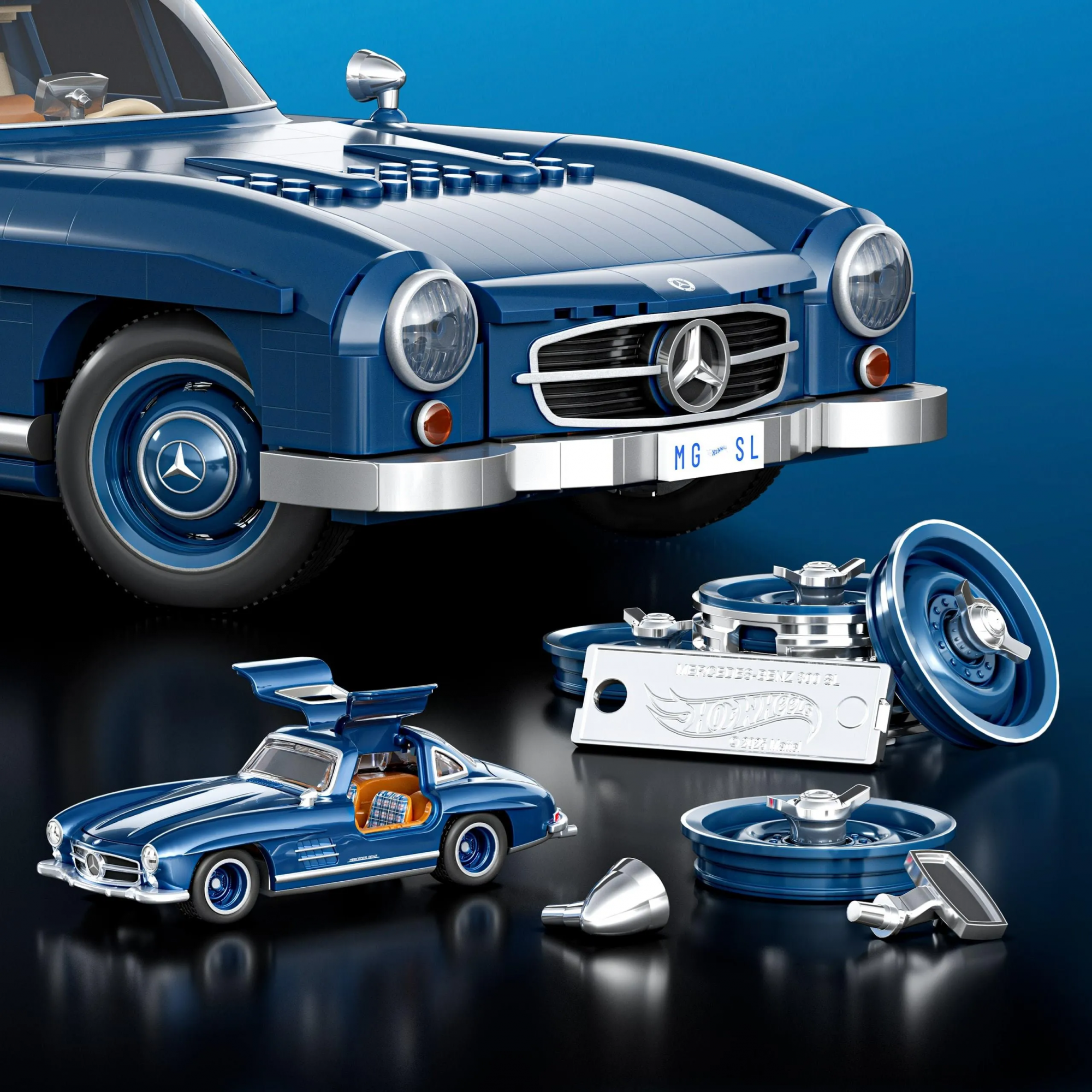 Hot Wheels Premium Series Mercedes-Benz 300 SL, набор блоков Mattel Brick Shop (HWW25)