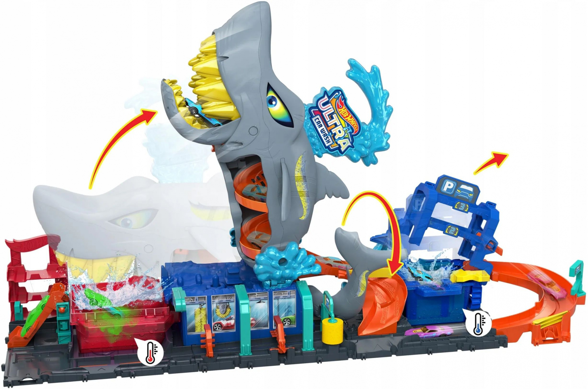 Игровой набор Hot Wheels автомойка с игрушечной машинкой Color Reveal в масштабе 1: 64 City Ultra Shark HTN82